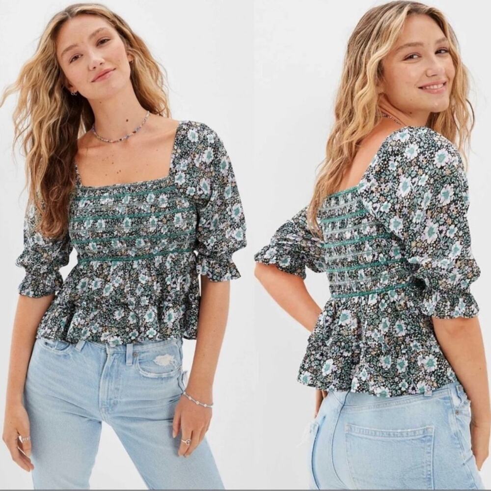American Eagle Floral Smocked Ruffle Top Women’s Sz XL